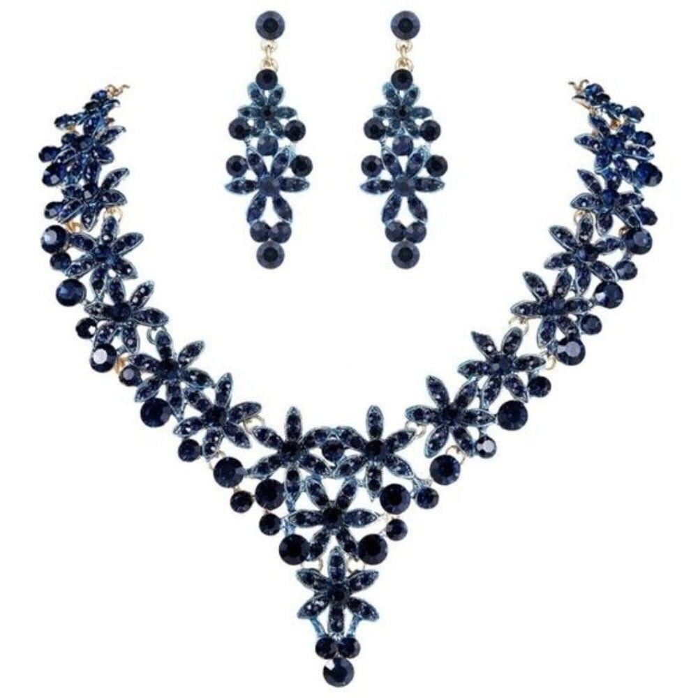 Yellow Gold and Blue Sapphire Austrian Crystal Flower Necklace and Earrings Set